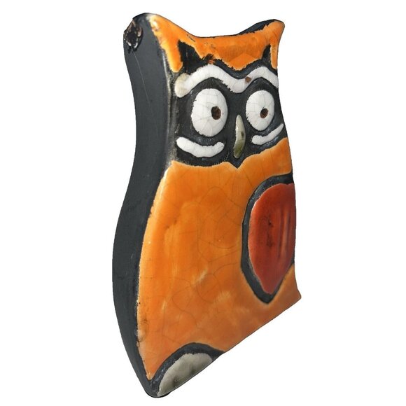 Vintage Handcrafted Black Clay Owl, Orange with Red Heart, Raku Pottery *Chips* - Picture 7 of 12